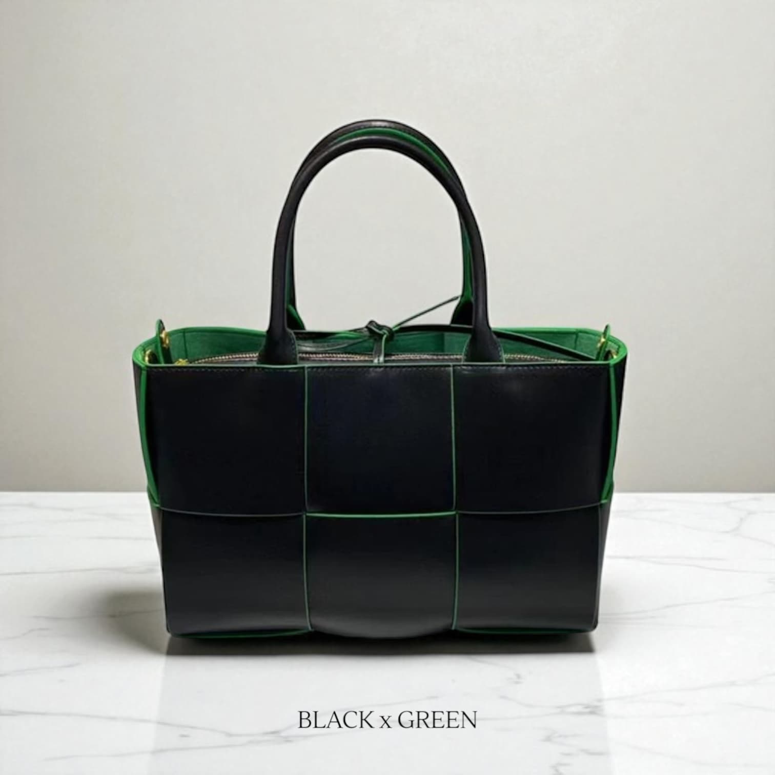 227 本革編み込みバッグ Lサイズ ブラック×グリーン / A4対応で通勤からお出かけまで毎日上品に