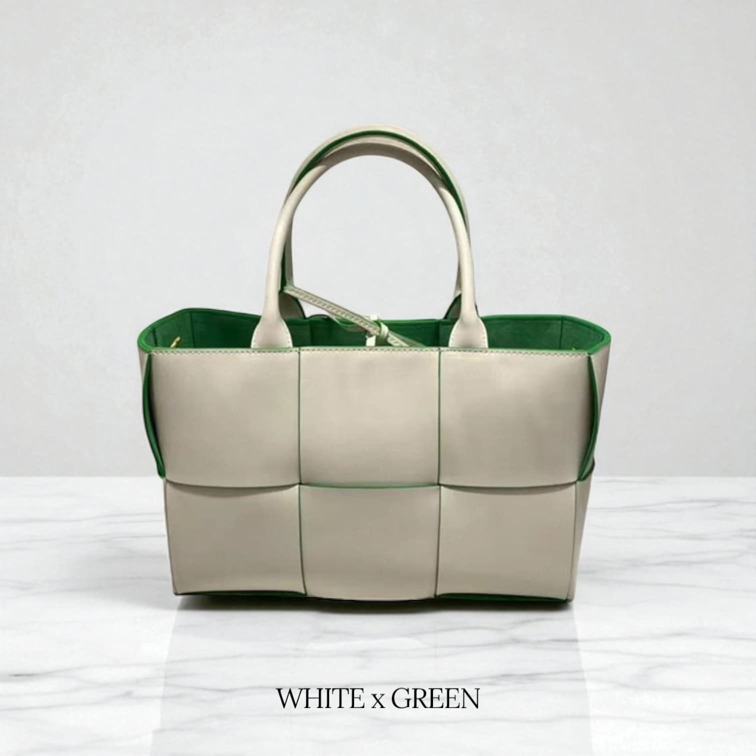 227 本革編み込みバッグ Lサイズ ホワイト×グリーン / A4対応で通勤からお出かけまで毎日上品に
