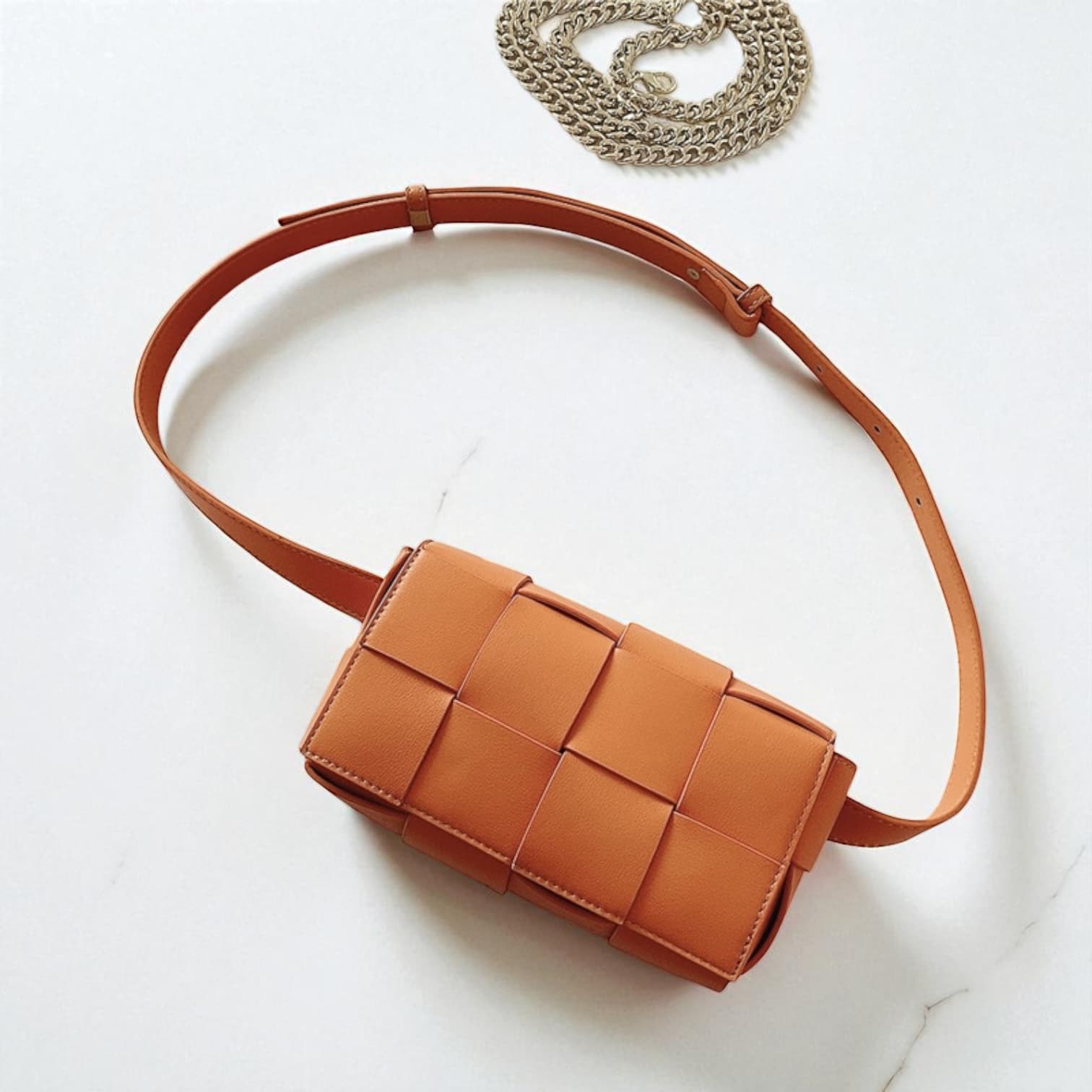 230 牛革編み込みミニバッグ オレンジ|2WAYストラップでカジュアルにも華やかにも