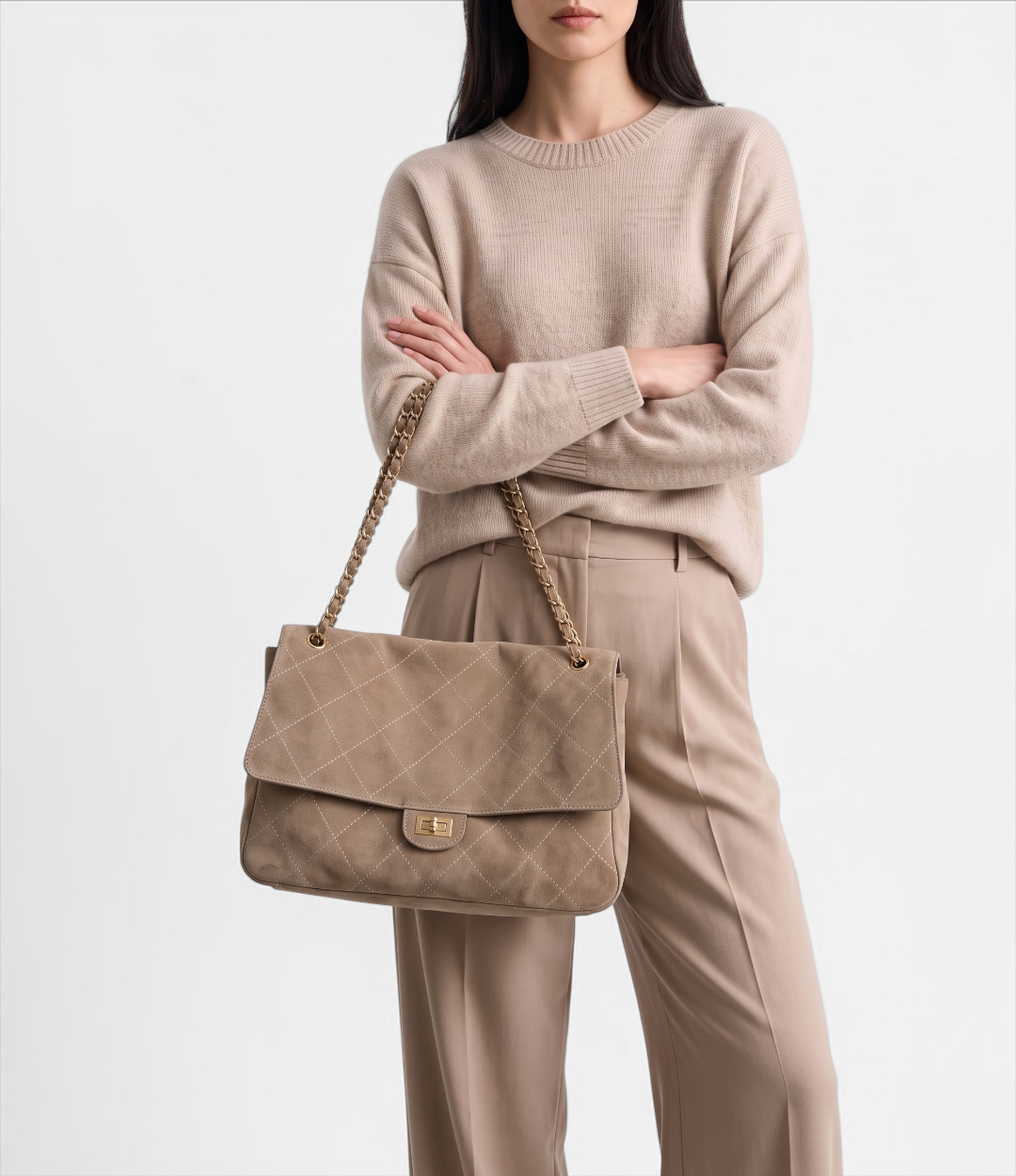 628牛革スウェードキルティングA4チェーンバッグ BEIGE