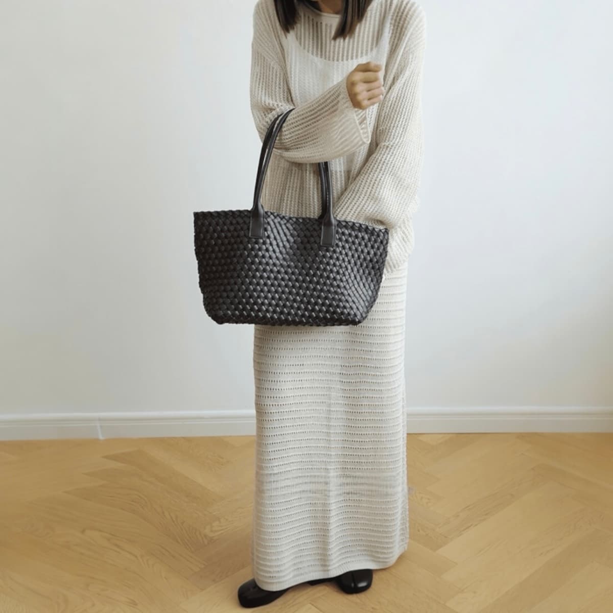 467 本革ICラージトート BLACK 大容量 A4対応 編み込み 通勤バッグ LUVILIA