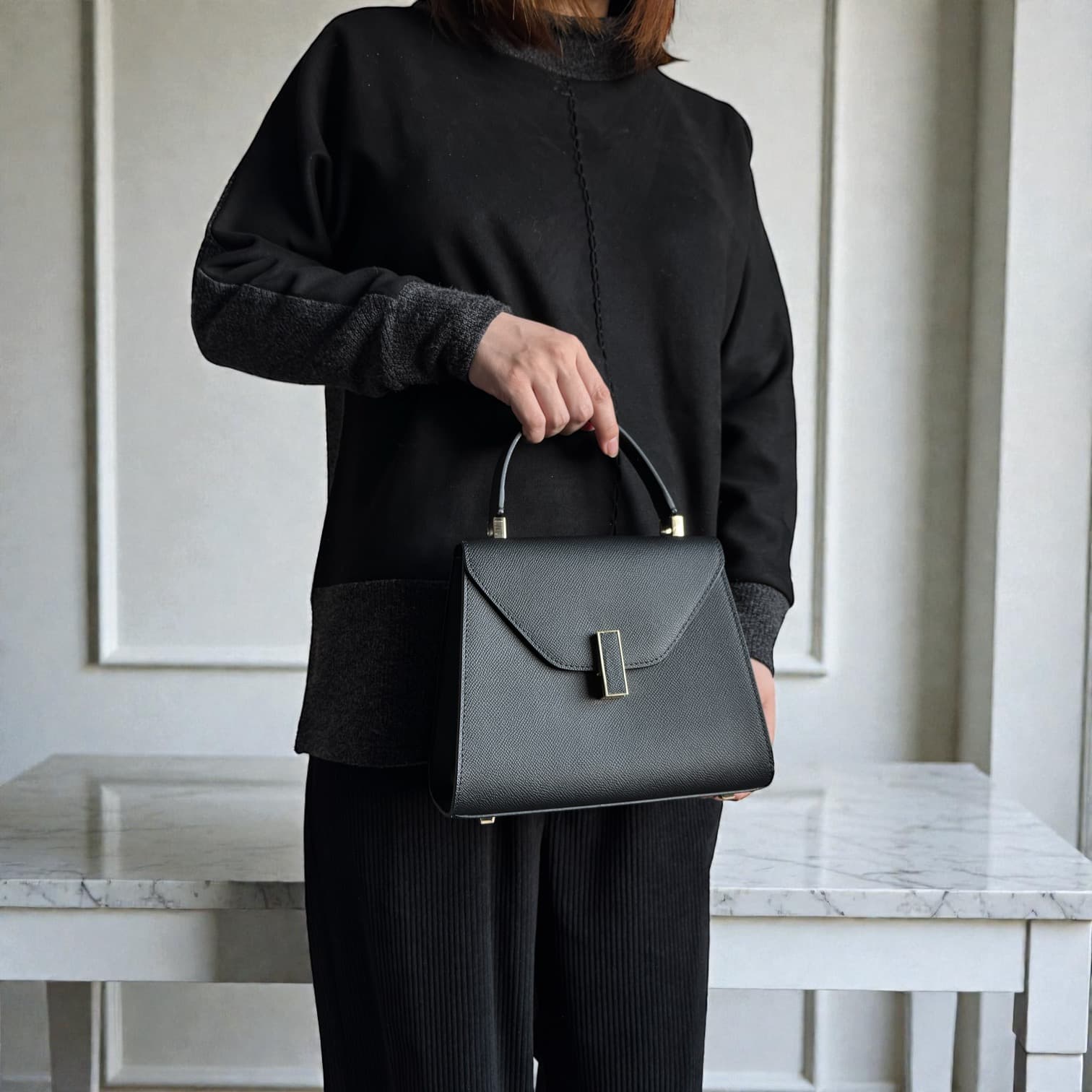 583 本革フラップTOPハンドルバッグ ブラック|セレモニー対応の上品2WAY ルビリア