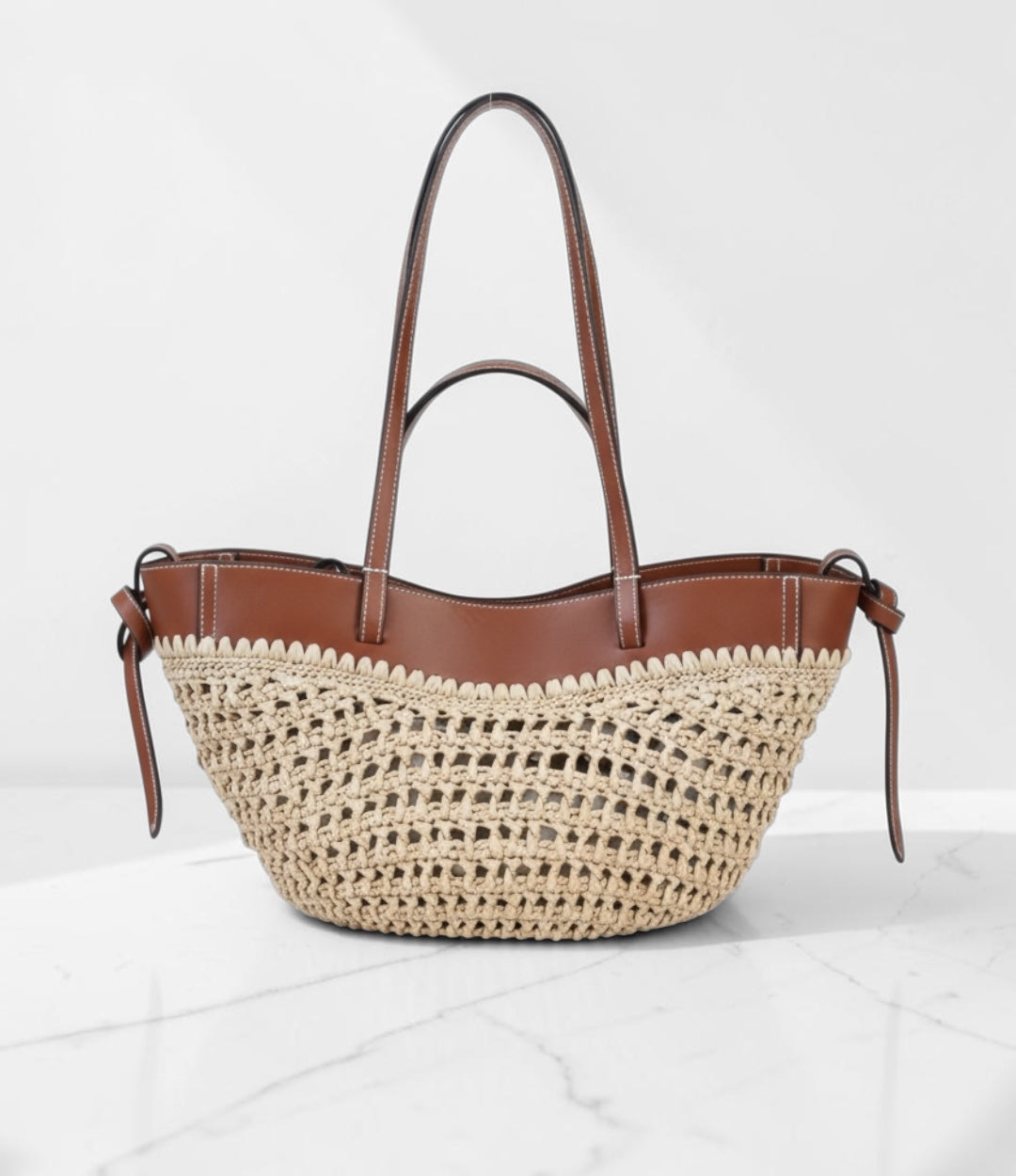 595本革HB切り替えカゴバッグ ブラウン 上品な牛革コンビが映える大人のカゴバッグ ルビリア