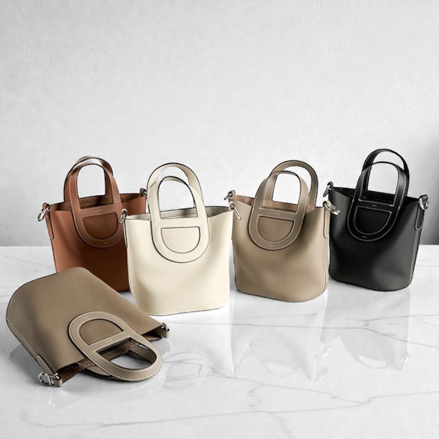 577 本革OVALハンドルバケットバッグ グレージュ ブラウン ホワイト ベージュ ブラック 楕円ハンドルが映えるきちんとバッグ ルビリア