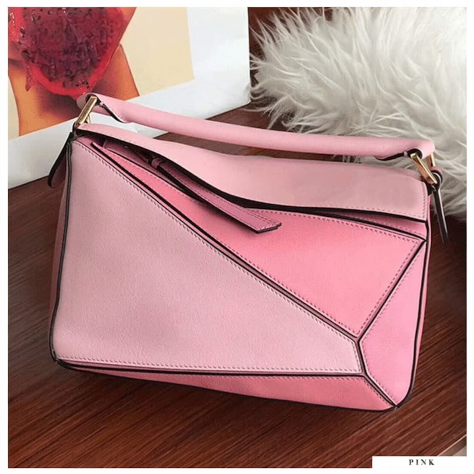 181 本革パズルバッグ ピンク / 幾何学パズル風ステッチデザインで大人の余裕と遊び心を、ひとつのバッグに / ルビリア