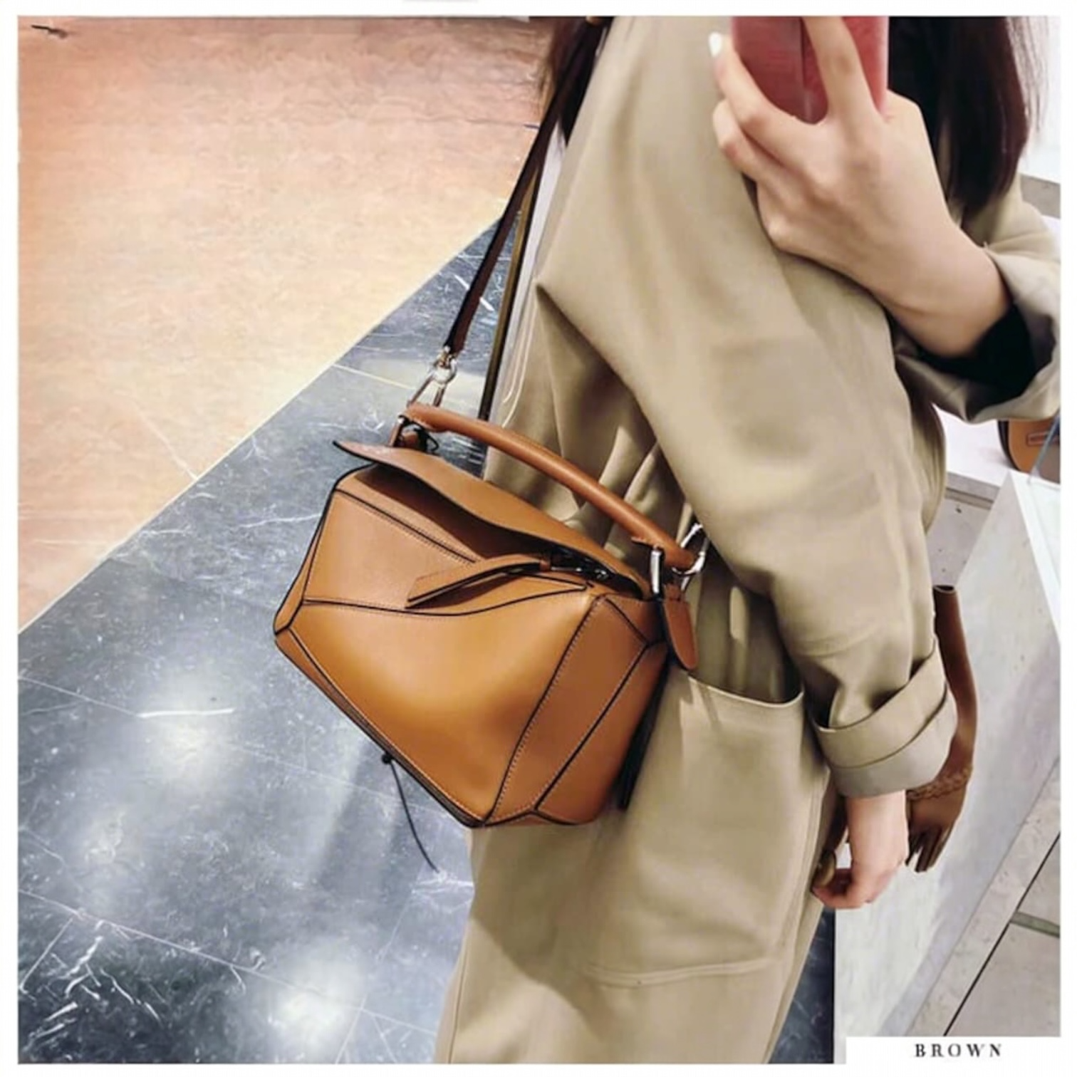 181 本革パズルバッグ ブラウン / 幾何学パズル風ステッチデザインで大人の余裕と遊び心を、ひとつのバッグに / ルビリア