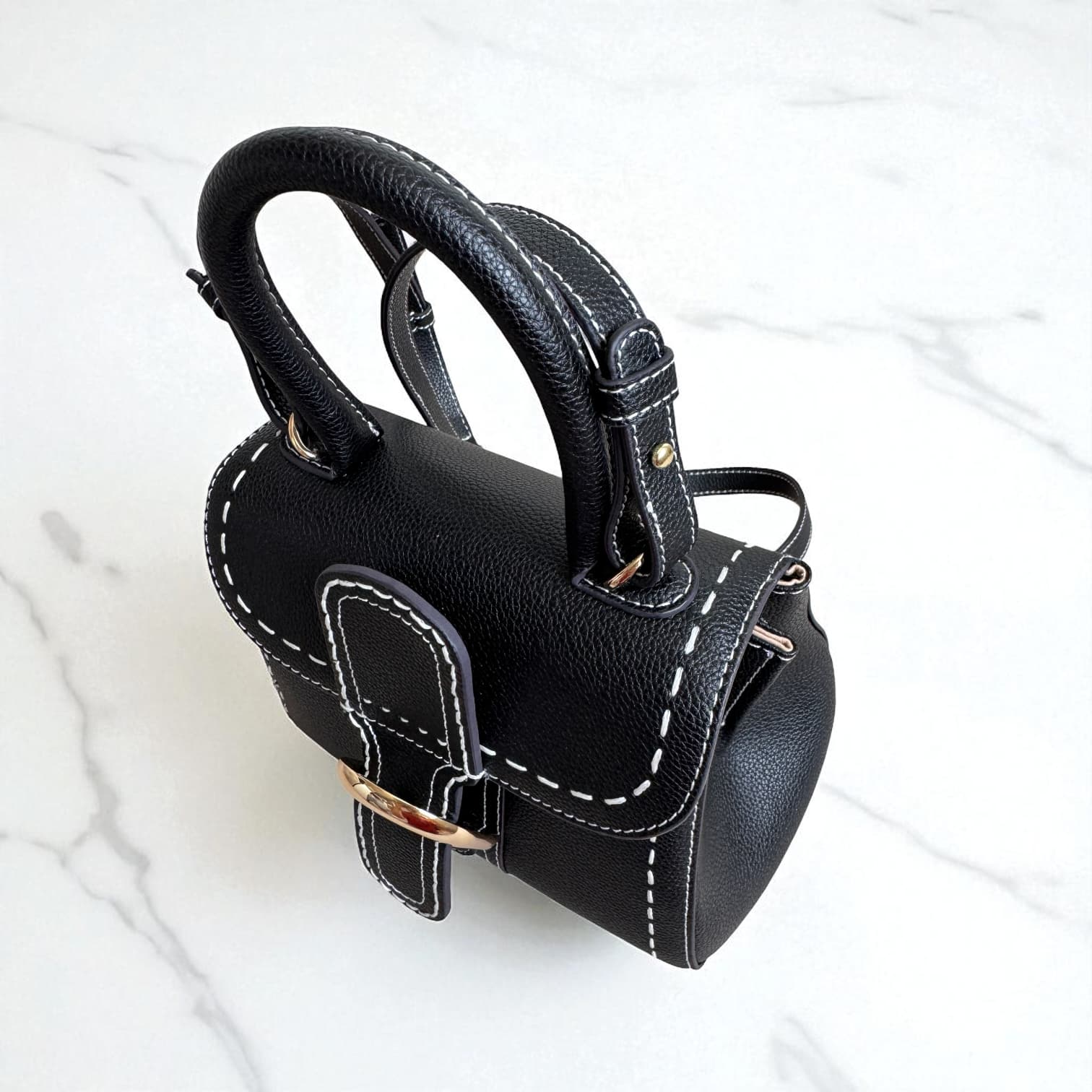 310 牛革TOP“H”ステッチバッグ Sサイズ|休日にもフォーマルにも映える上質レザー/BLACK