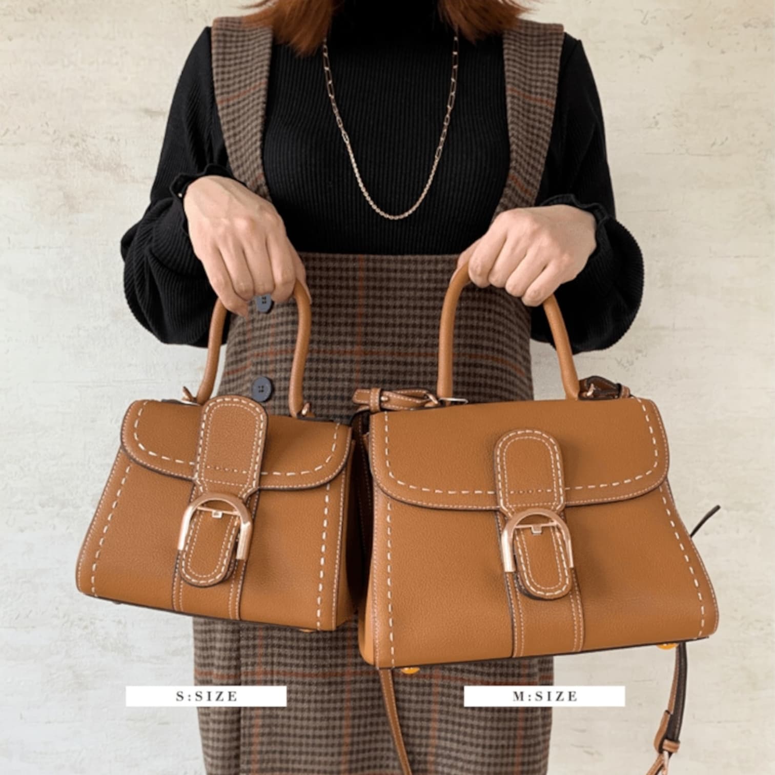 310 牛革TOP“H”ステッチバッグ Sサイズ&Mサイズ|休日にもフォーマルにも映える上質レザー/BROWN