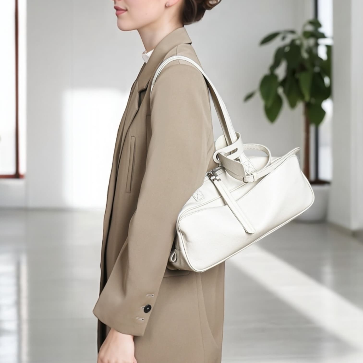 456 本革LHボストンバッグ ホワイト|広めマチで収納力抜群