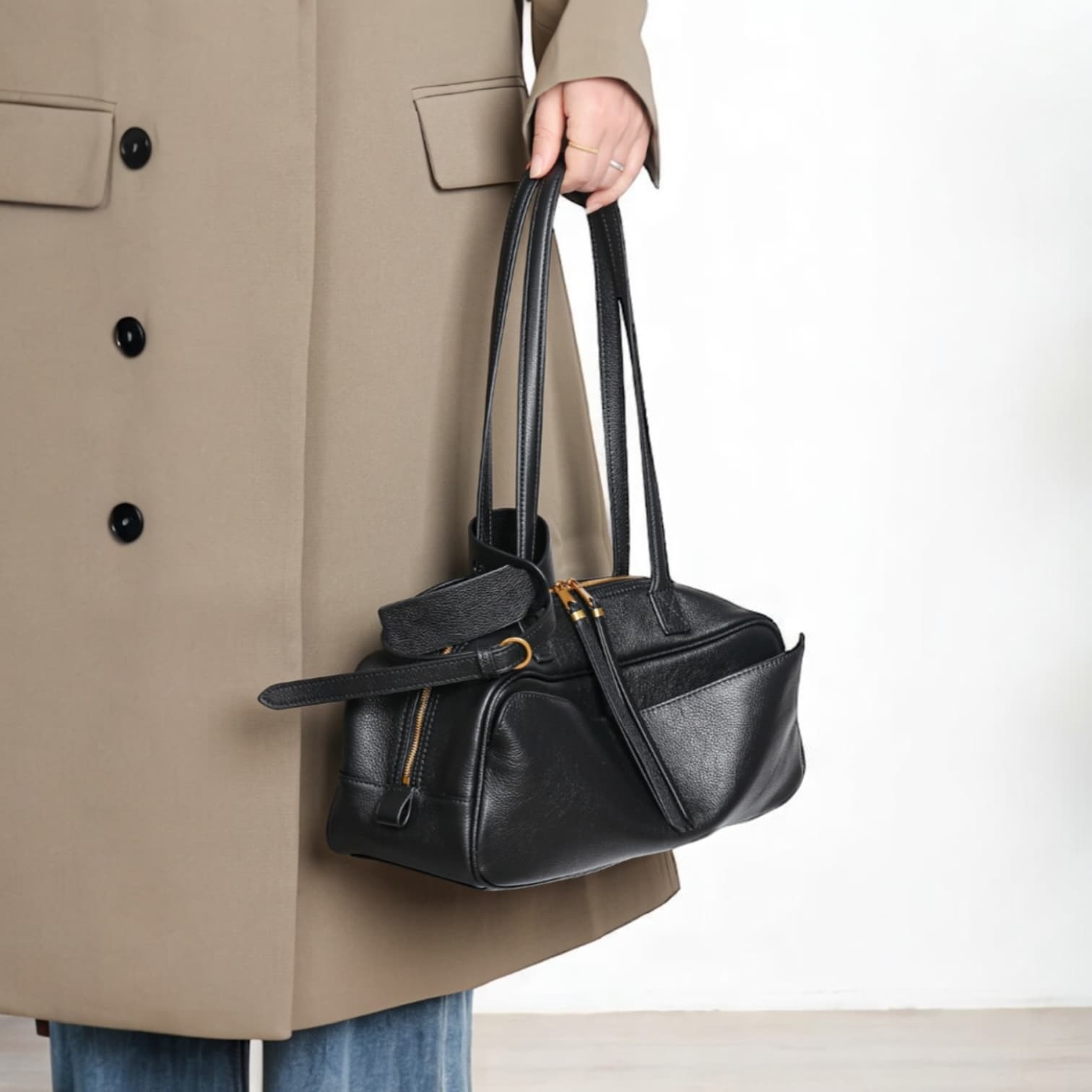 456 本革LHボストンバッグ ブラック|広めマチで収納力抜群