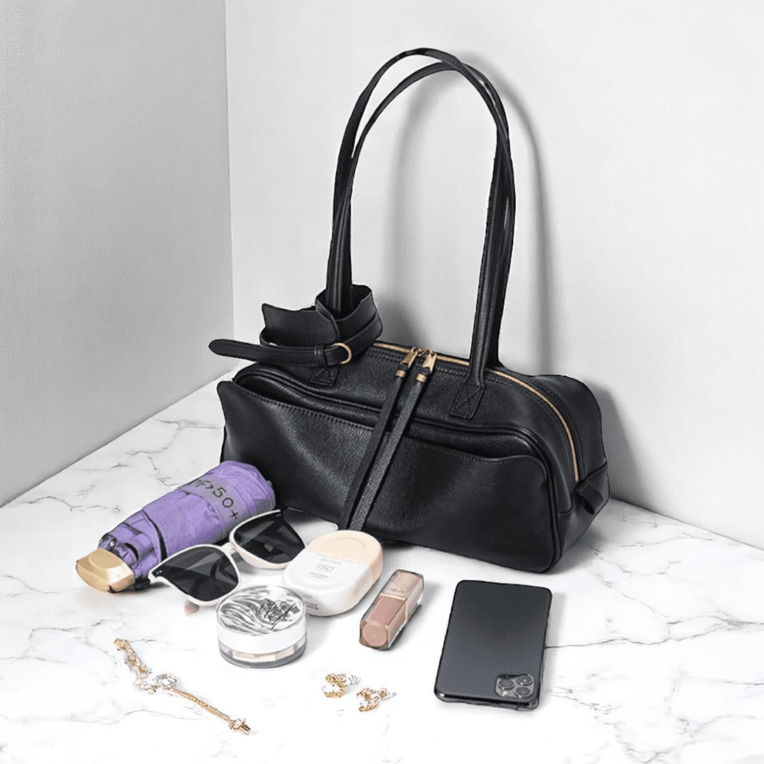 456 本革LHボストンバッグ ブラック|広めマチで収納力抜群