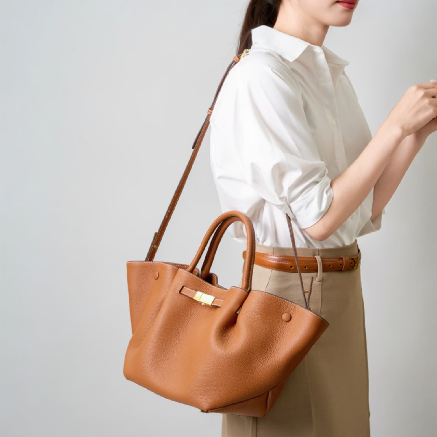 474 本革フロントベルトタックバッグ ブラウン|A4対応×上質レザー