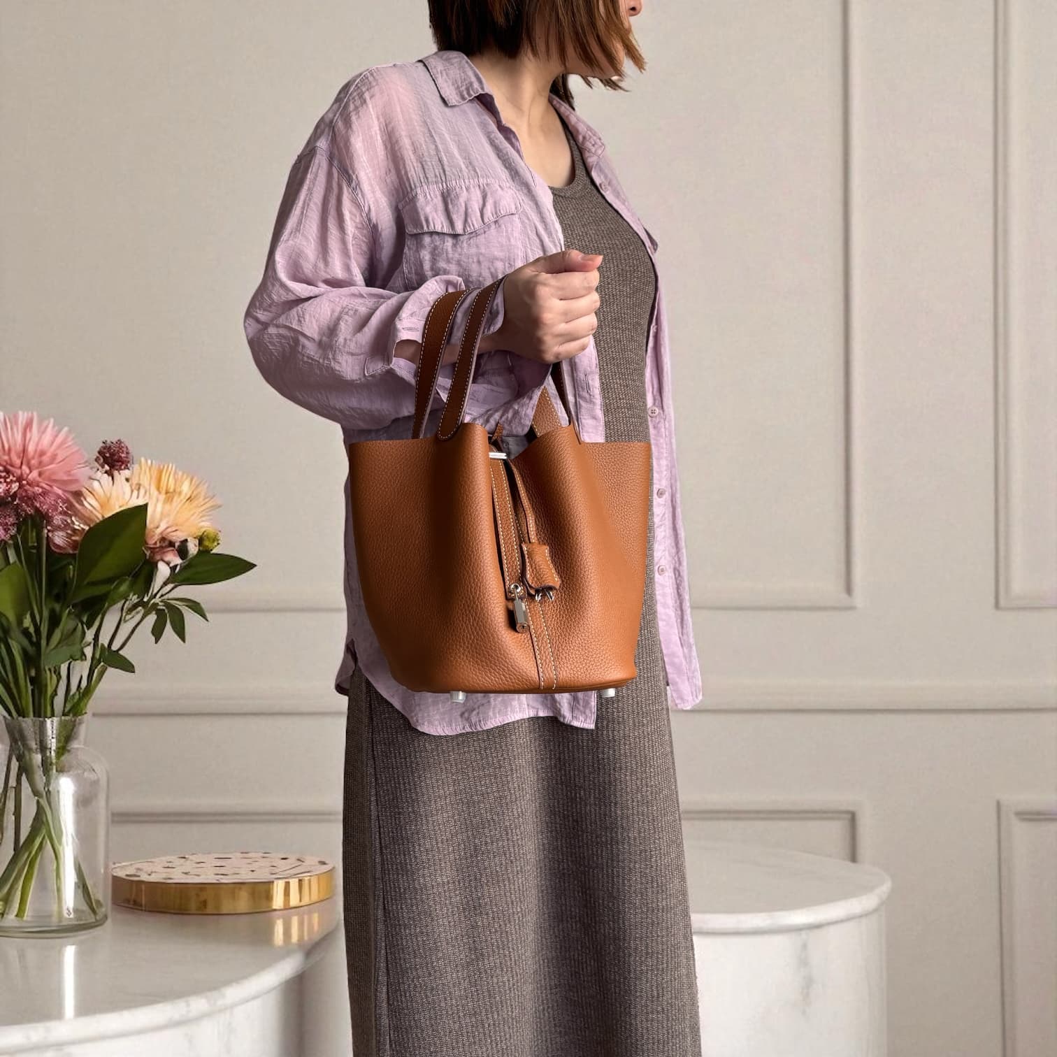 101 本革ピコタンバッグ Mサイズ ブラウン 巾着ポーチ付き ルビリア