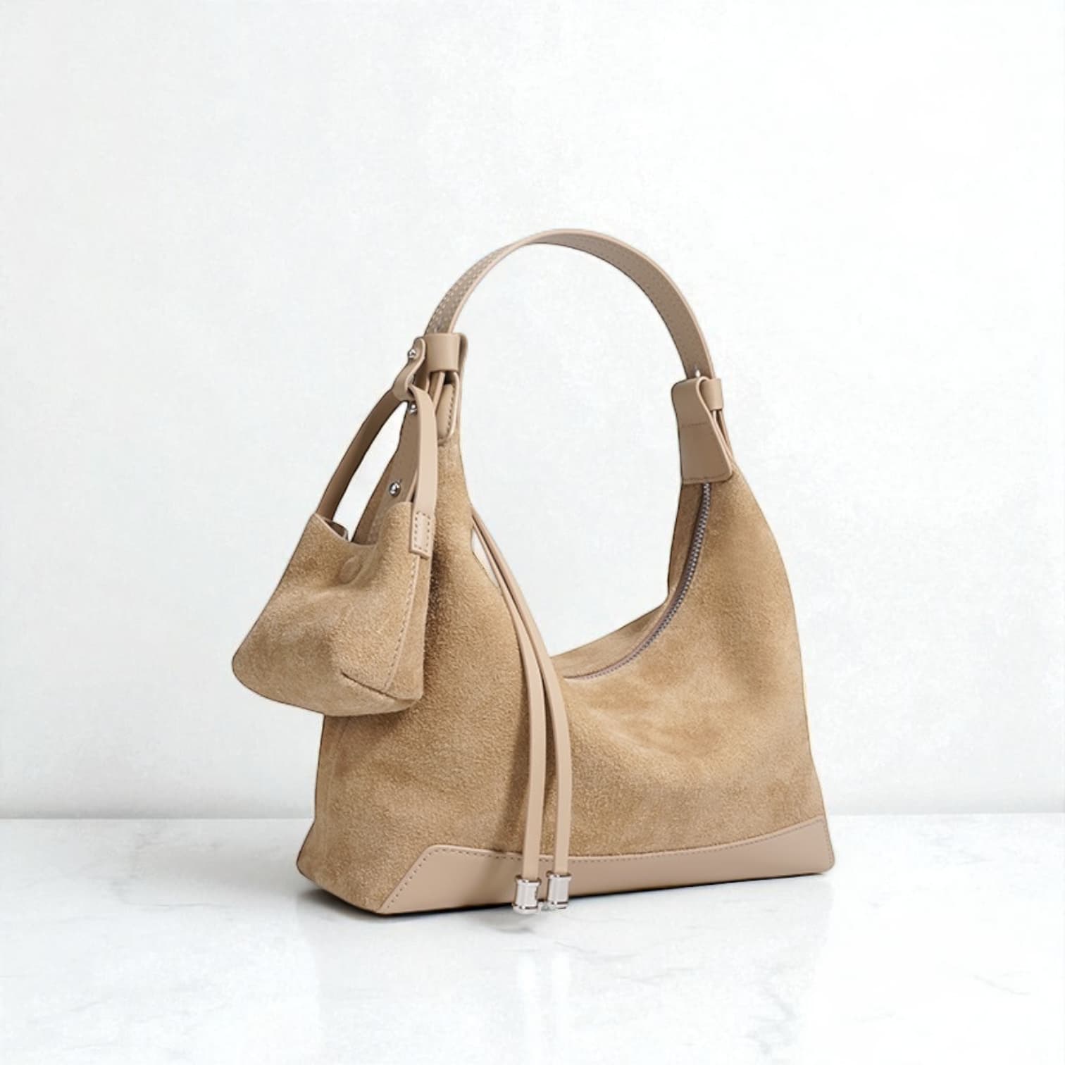 489 本革スウェードHMバッグ ベージュ / 2WAY仕様 ミニバッグ付き ルビリア