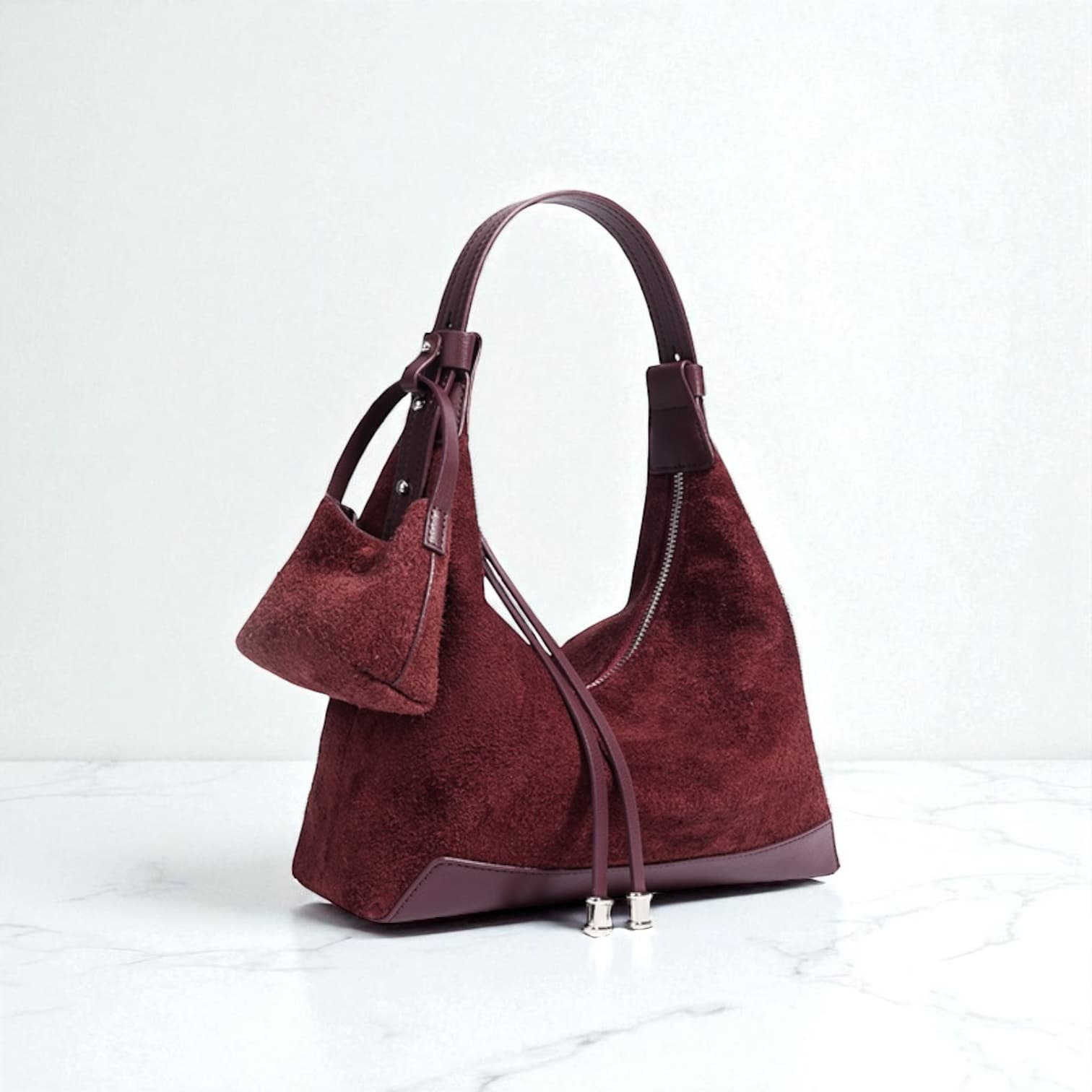 489 本革スウェードHMバッグ レッド / 2WAY仕様 ミニバッグ付き ルビリア