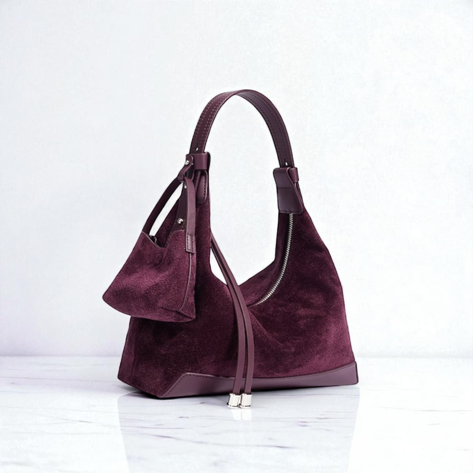 489 本革スウェードHMバッグ パープル / 2WAY仕様 ミニバッグ付き ルビリア