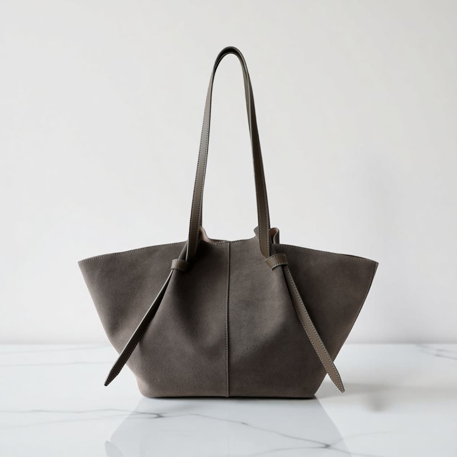 485 本革スウェードLHトートバッグ グレー / 上質レザー×巾着付き 通勤バッグ ルビリア