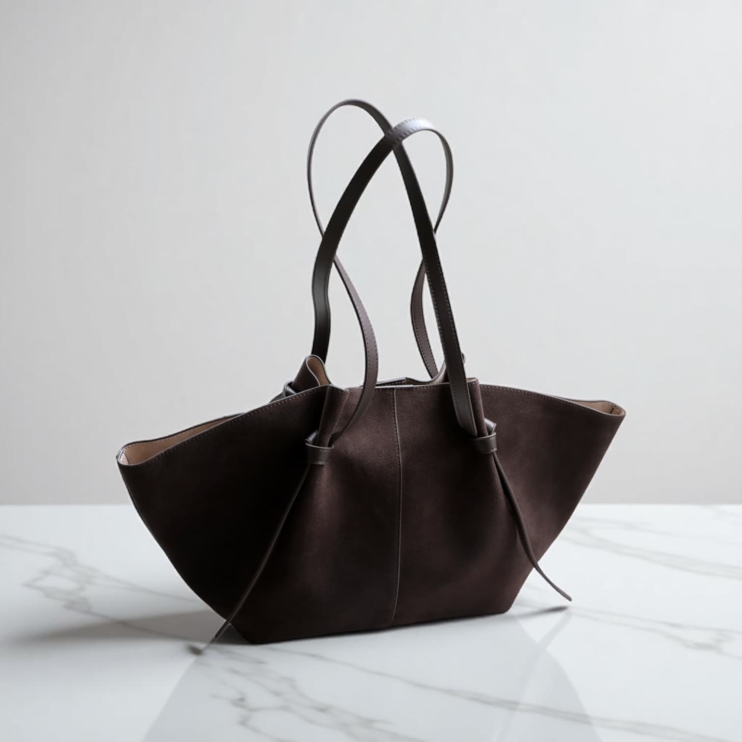 485 本革スウェードLHトートバッグ モカ / 上質レザー×巾着付き 通勤バッグ ルビリア