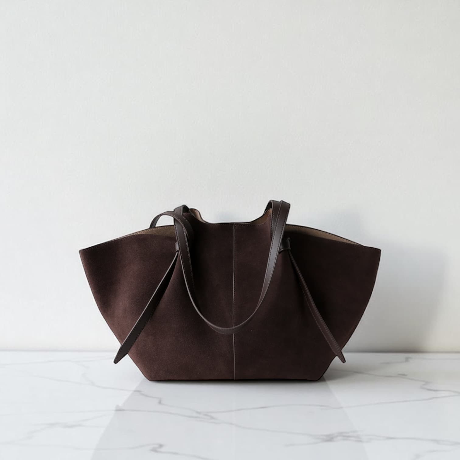 485 本革スウェードLHトートバッグ モカ / 上質レザー×巾着付き 通勤バッグ ルビリア