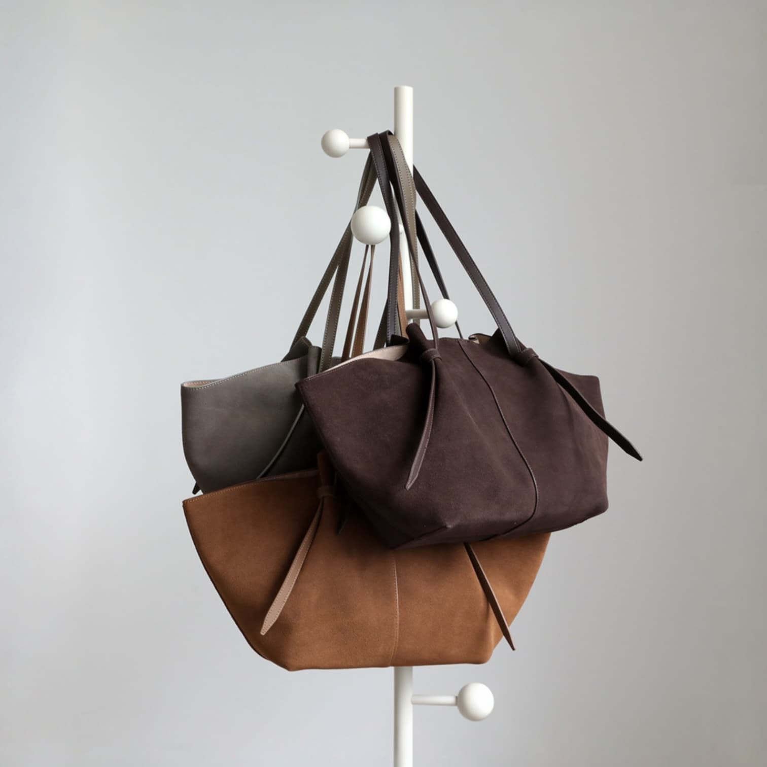 485 本革スウェードLHトートバッグ モカ ブラウン グレー / 上質レザー×巾着付き 通勤バッグ ルビリア