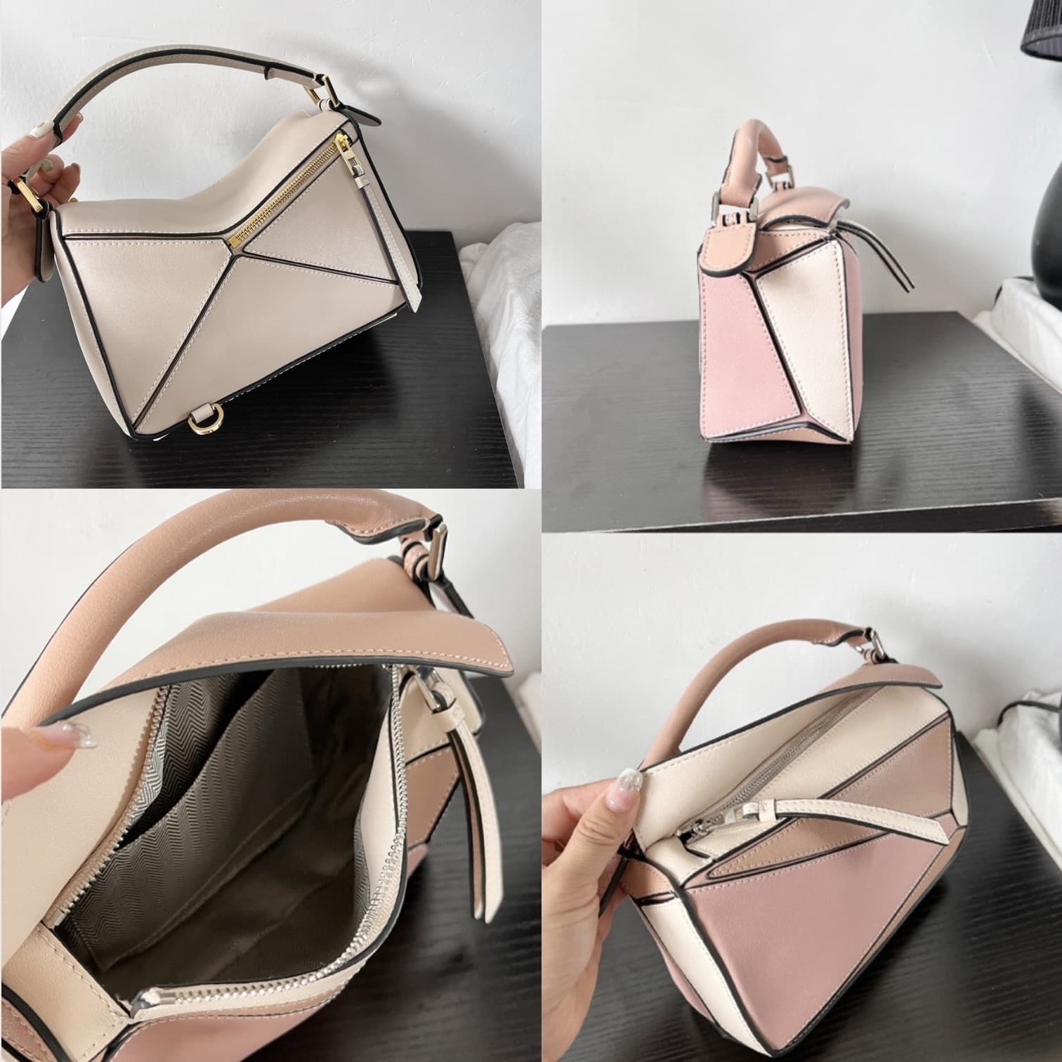 181 本革パズルバッグ ベージュ ソフトピンク / 幾何学パズル風ステッチデザインで大人の余裕と遊び心を、ひとつのバッグに / ルビリア