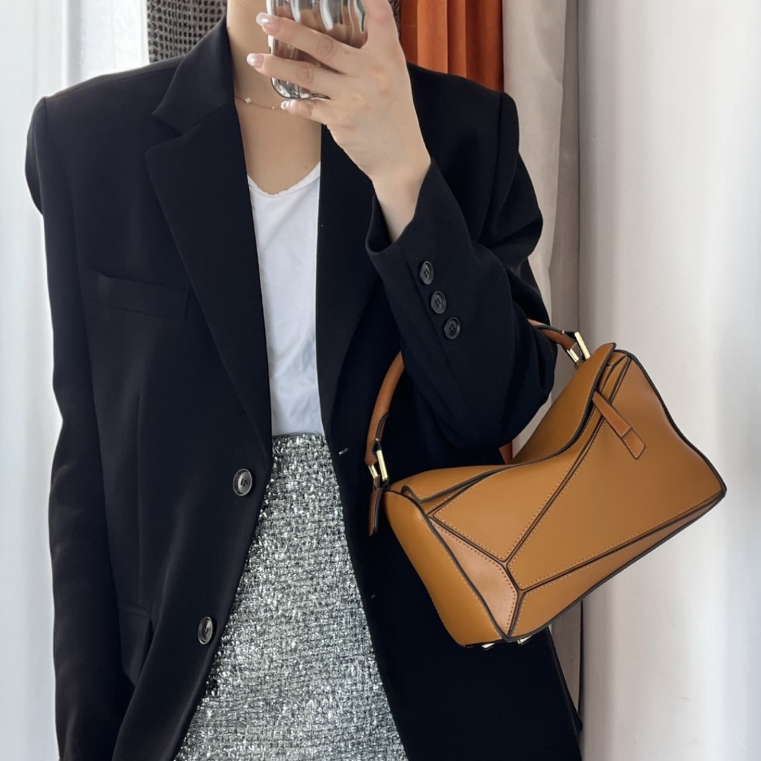 181 本革パズルバッグ ブラウン / 幾何学パズル風ステッチデザインで大人の余裕と遊び心を、ひとつのバッグに / ルビリア