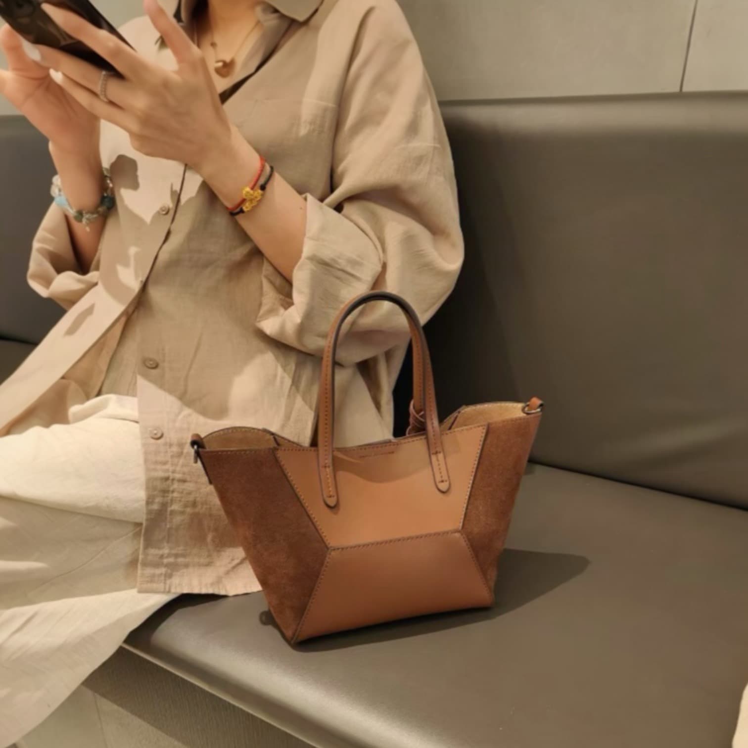 lv525 本革切り替えTFバッグ モカ 休日のお出かけに最適な2WAYバッグ ルビリア