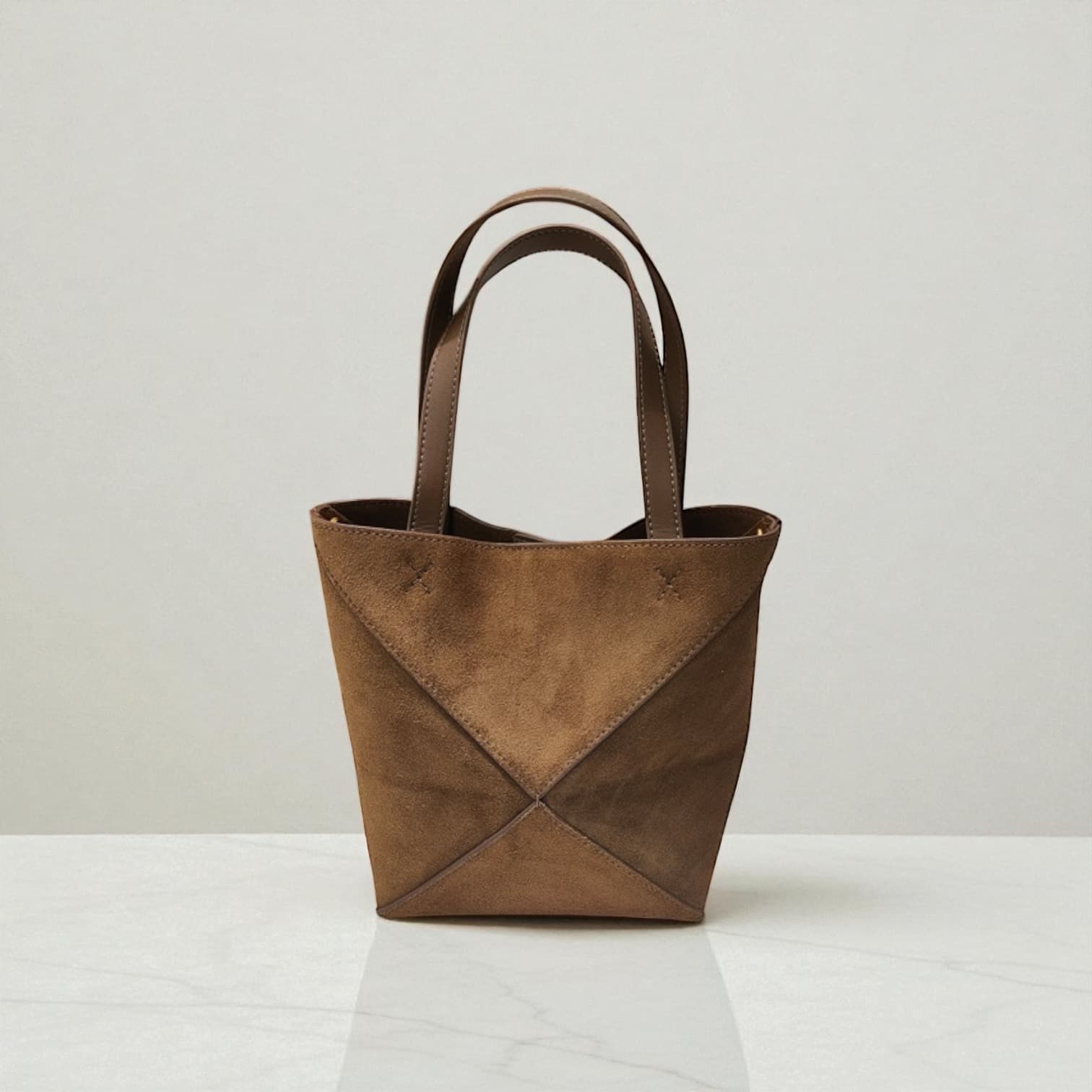 411 本革スウェードパズルバッグS ブラウン 軽量0.3kg 折りたたみ可能ミニトート ルビリア