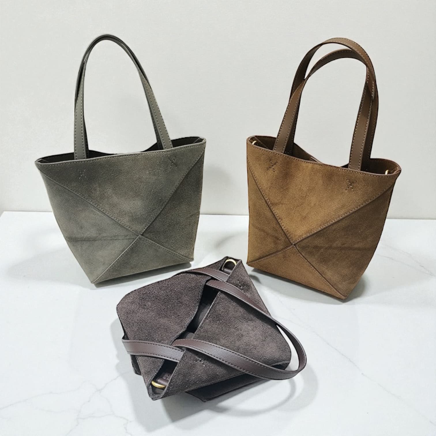 411 本革スウェードパズルバッグS グレー ブラウン ダークグレー 軽量0.3kg 折りたたみ可能ミニトート ルビリア