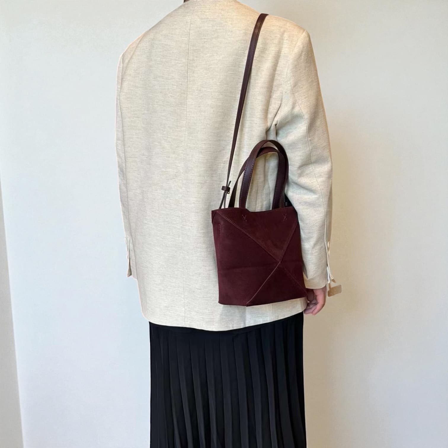 411 本革スウェードパズルバッグS バーガンディ 軽量0.3kg 折りたたみ可能ミニトート ルビリア