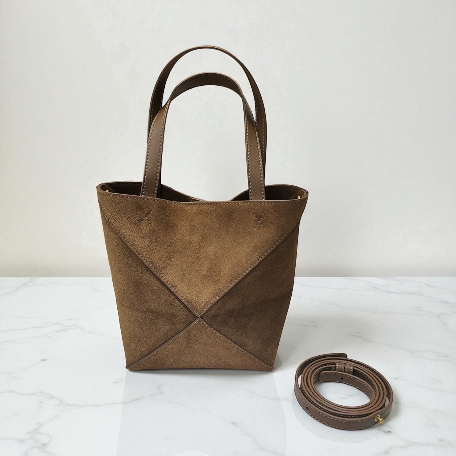 411 本革スウェードパズルバッグS ブラウン 軽量0.3kg 折りたたみ可能ミニトート ルビリア