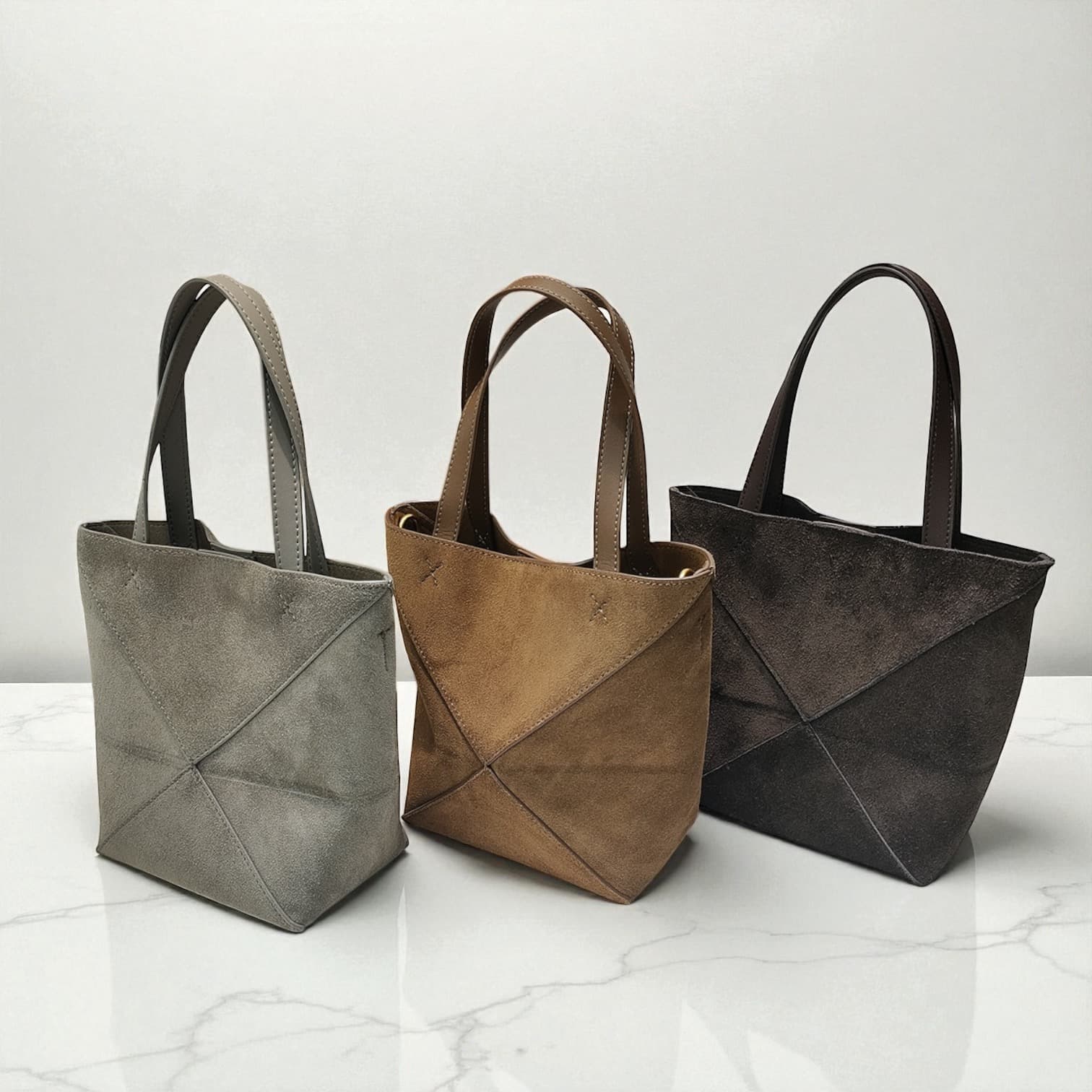 411 本革スウェードパズルバッグS グレー ブラウン ダークグレー 軽量0.3kg 折りたたみ可能ミニトート ルビリア