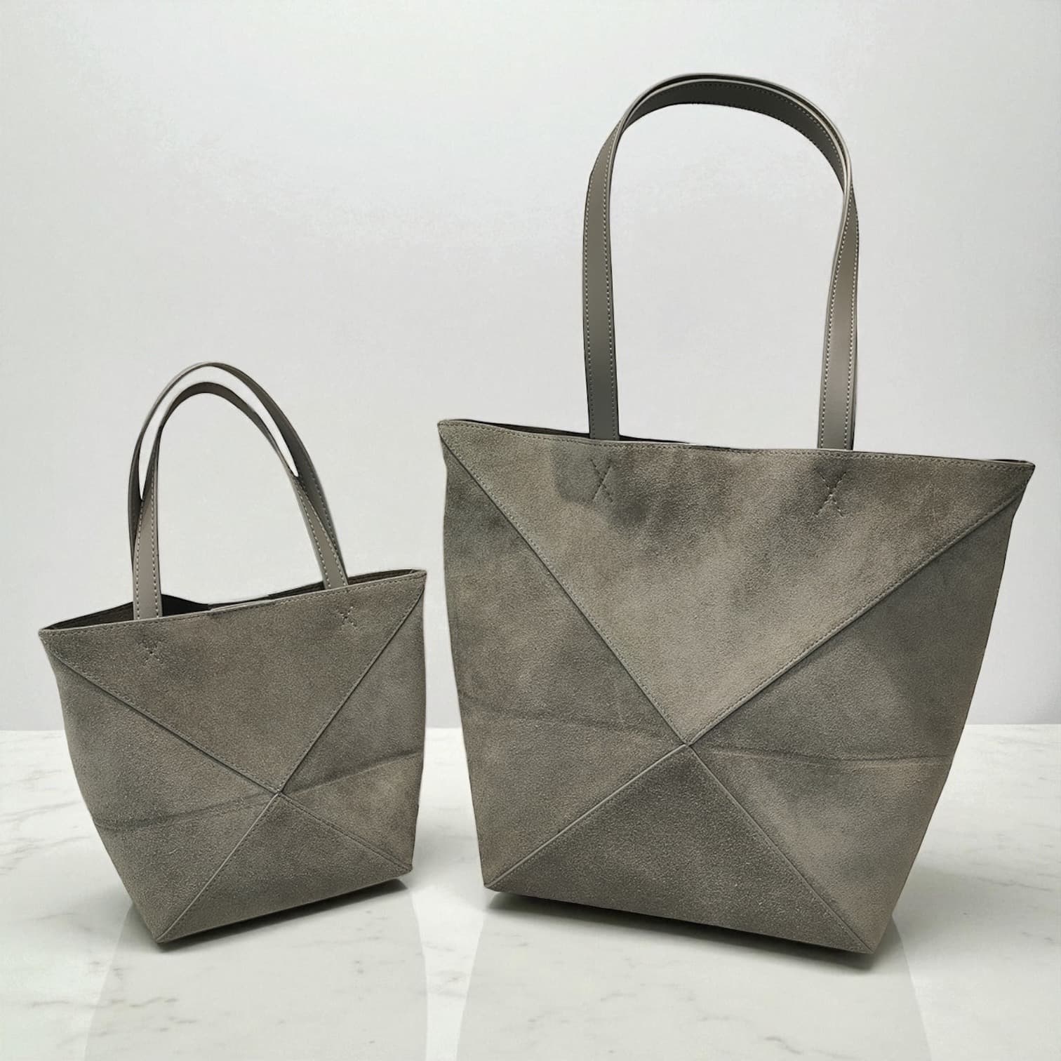 411 本革スウェードパズルバッグS グレー 軽量0.3kg 折りたたみ可能ミニトート ルビリア