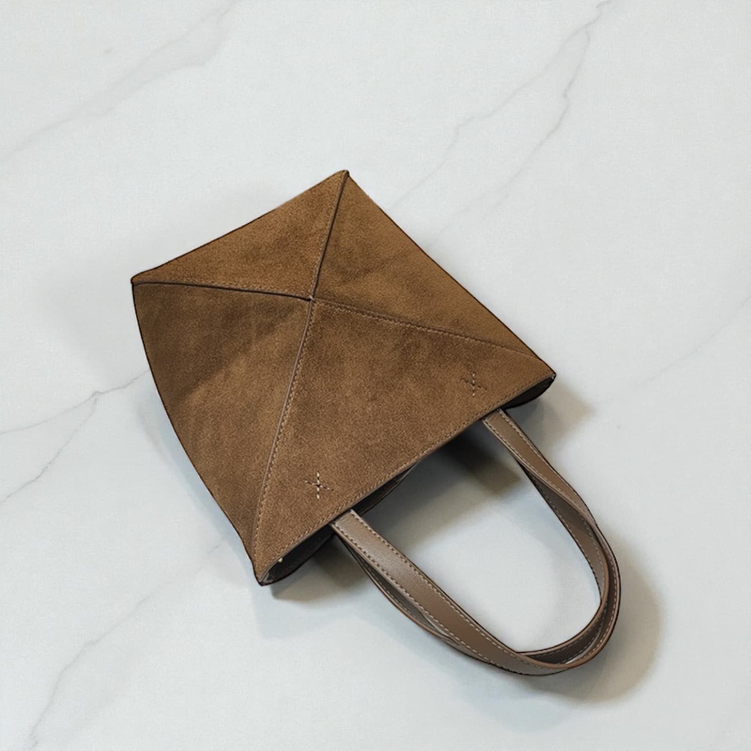 411 本革スウェードパズルバッグS ブラウン 軽量0.3kg 折りたたみ可能ミニトート ルビリア