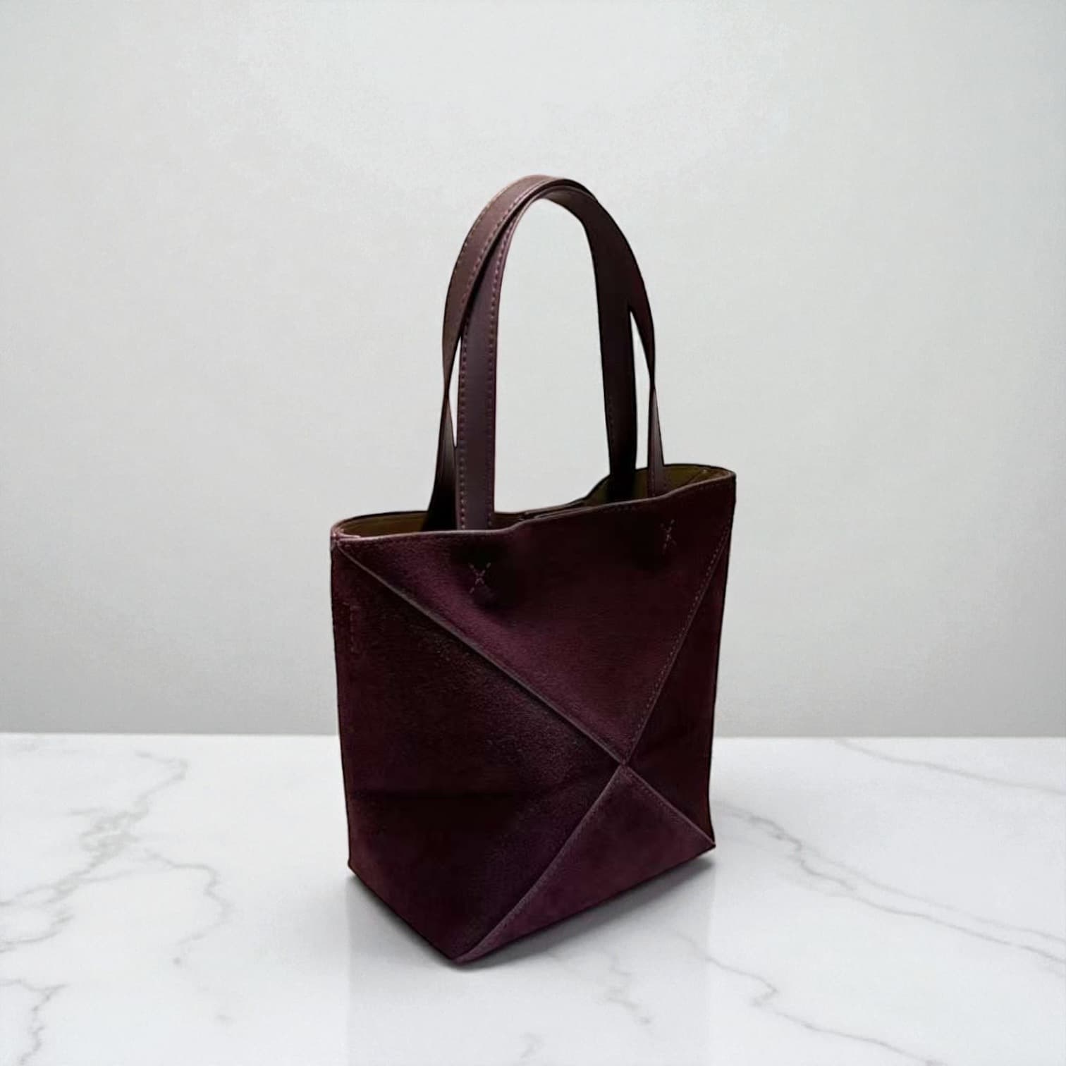 411 本革スウェードパズルバッグS バーガンディ 軽量0.3kg 折りたたみ可能ミニトート ルビリア