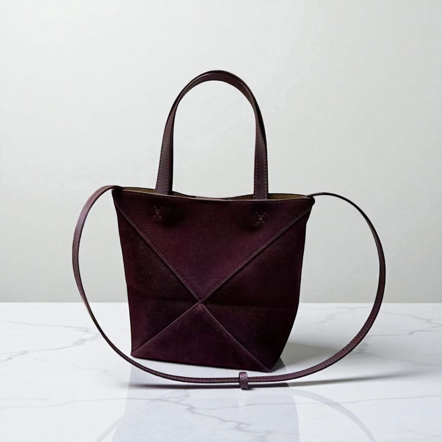 411 本革スウェードパズルバッグS バーガンディ 軽量0.3kg 折りたたみ可能ミニトート ルビリア