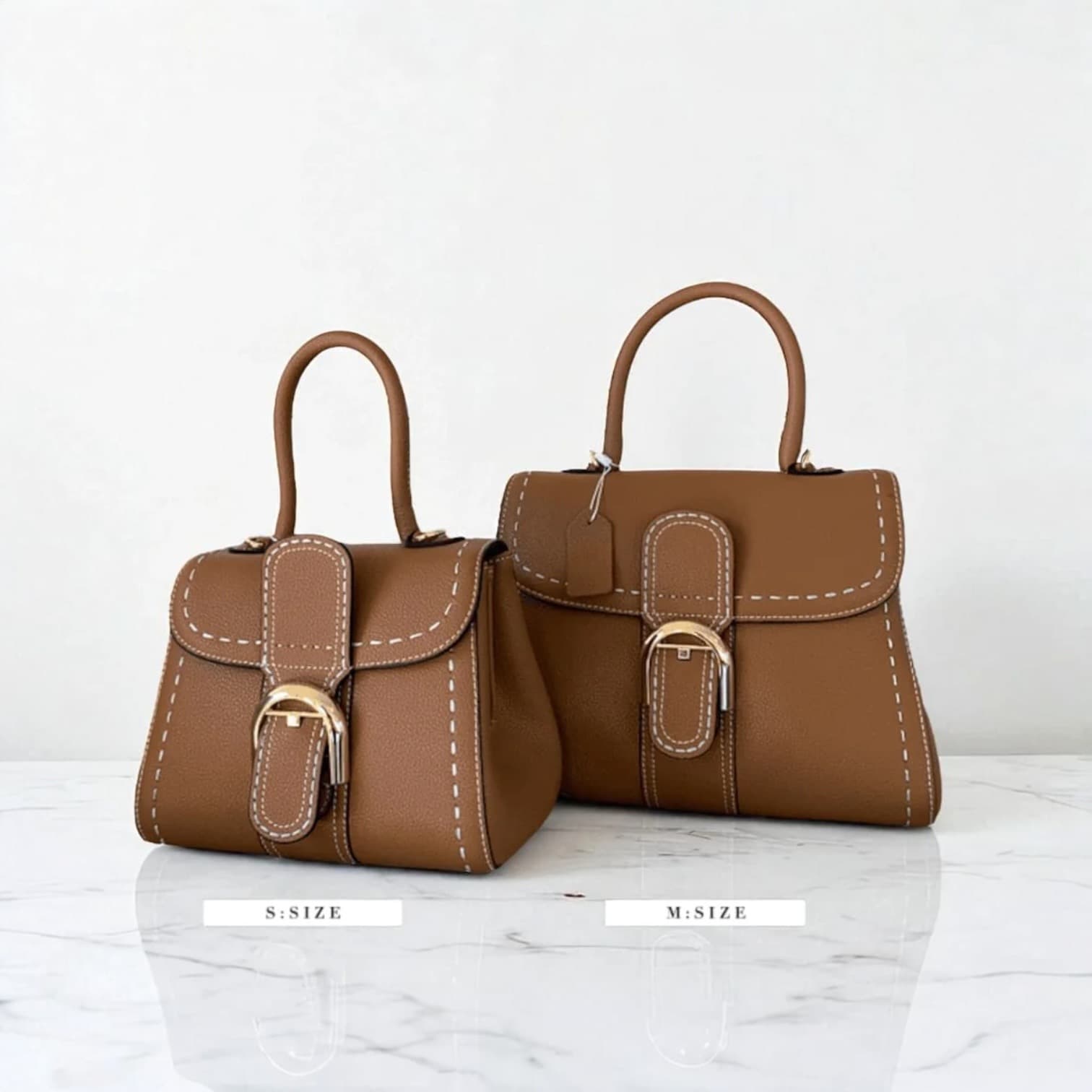 310 牛革TOP“H”ステッチバッグ Sサイズ&Mサイズ|休日にもフォーマルにも映える上質レザー/BROWN