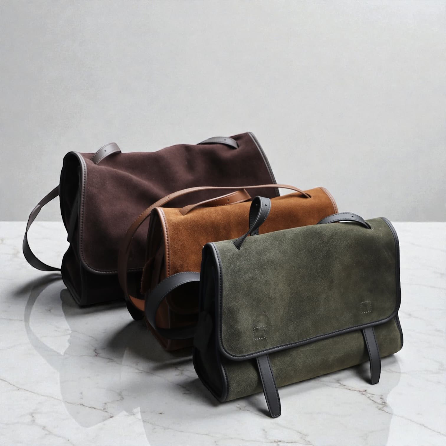 547 本革パイピングフラップバッグ/S/MOCHA BROWN GREEN 太ストラップ 斜め掛け ルビリア