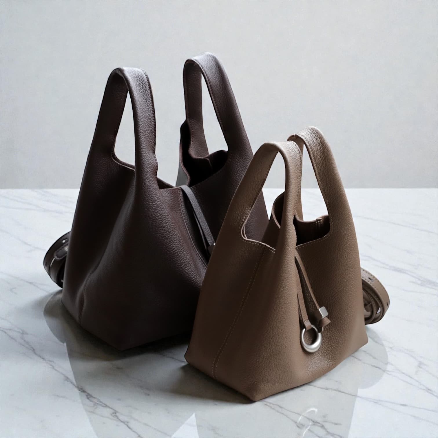 557 本革NバケットバッグS&M ベージュ&モカブラウン 本革で上品 ルビリア