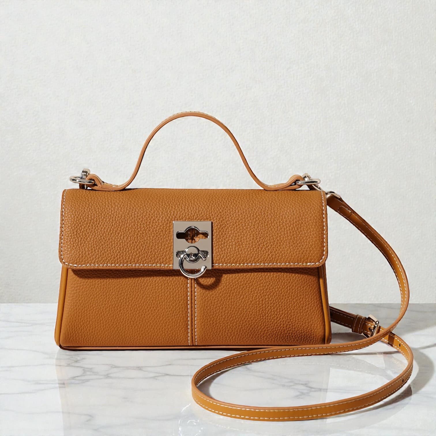 574 本革TOPハンドルフラップバッグ BROWN|セレモニーにも使える上品2WAY ルビリア