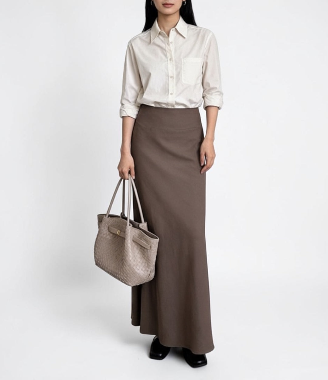 牛革編み込みFBバッグ BEIGE / モデル着用/ 上品に持てる2WAY本革トートバッグ