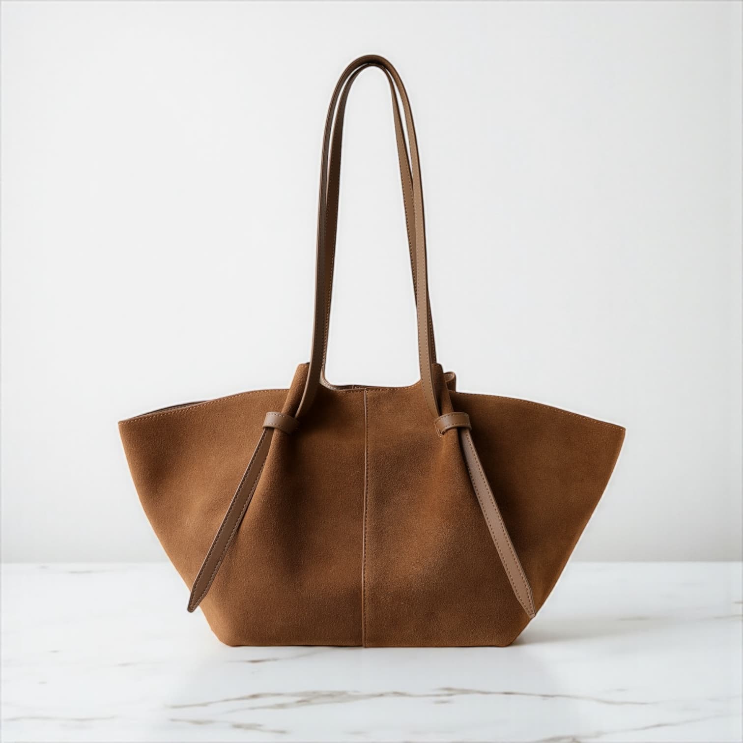 485 本革スウェードLHトートバッグ ブラウン / 上質レザー×巾着付き 通勤バッグ ルビリア