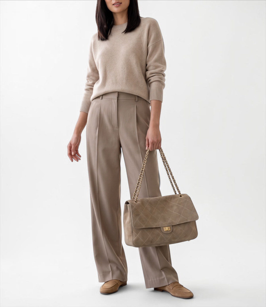 628牛革スウェードキルティングA4チェーンバッグ BEIGE 着用写真