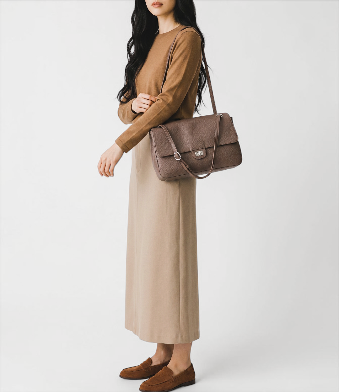 630 牛革フラップ2WAYショルダーバッグM BEIGE｜大人の肩掛けバッグ