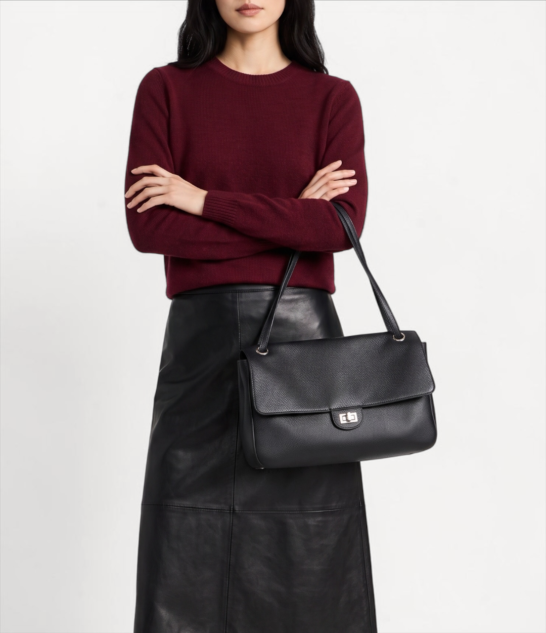 630 牛革フラップ2WAYショルダーバッグM BLACK｜上品な通勤ショルダーバッグ