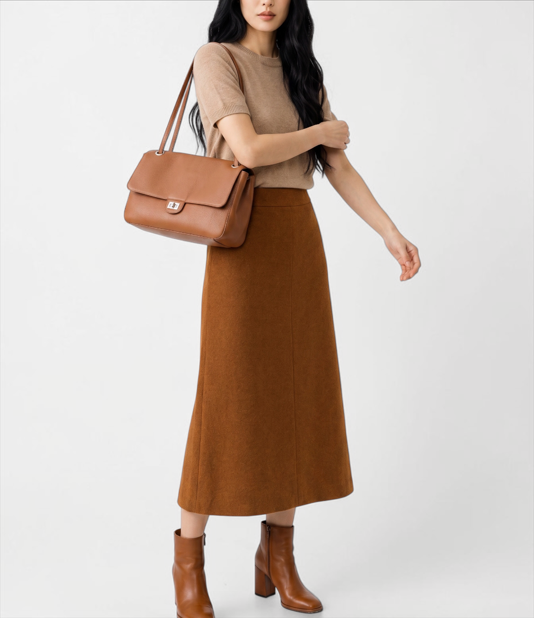 630 牛革フラップ2WAYショルダーバッグM BROWN｜秋の大人カジュアルコーデ