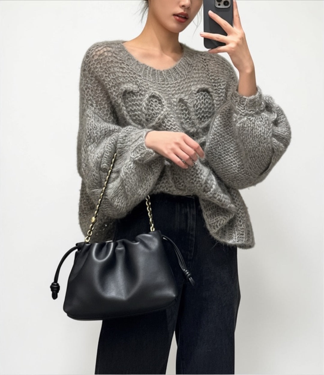 585牛革巾着チェーンHDバッグ