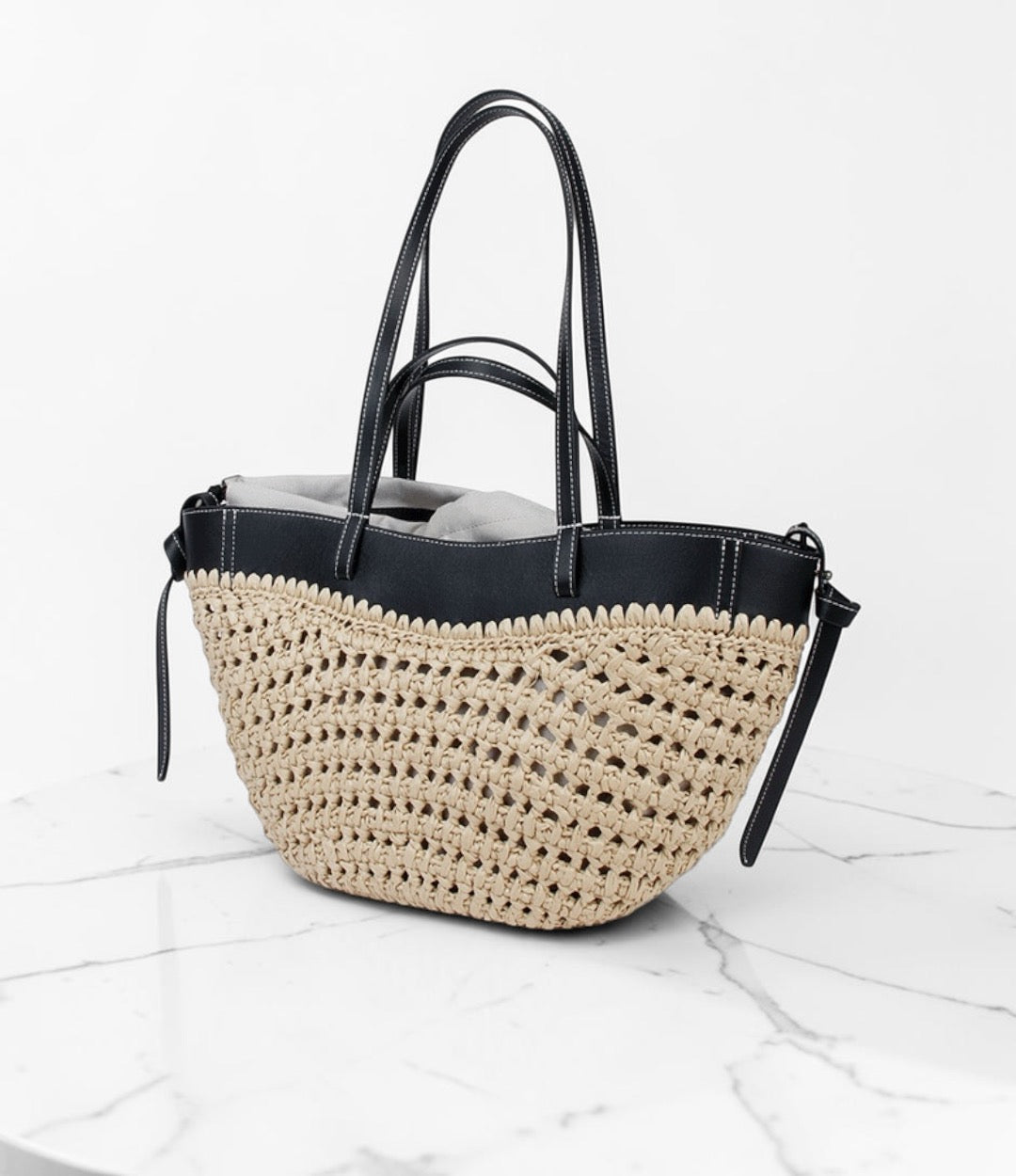 595本革HB切り替えカゴバッグ ブラック 上品な牛革コンビが映える大人のカゴバッグ　ルビリア