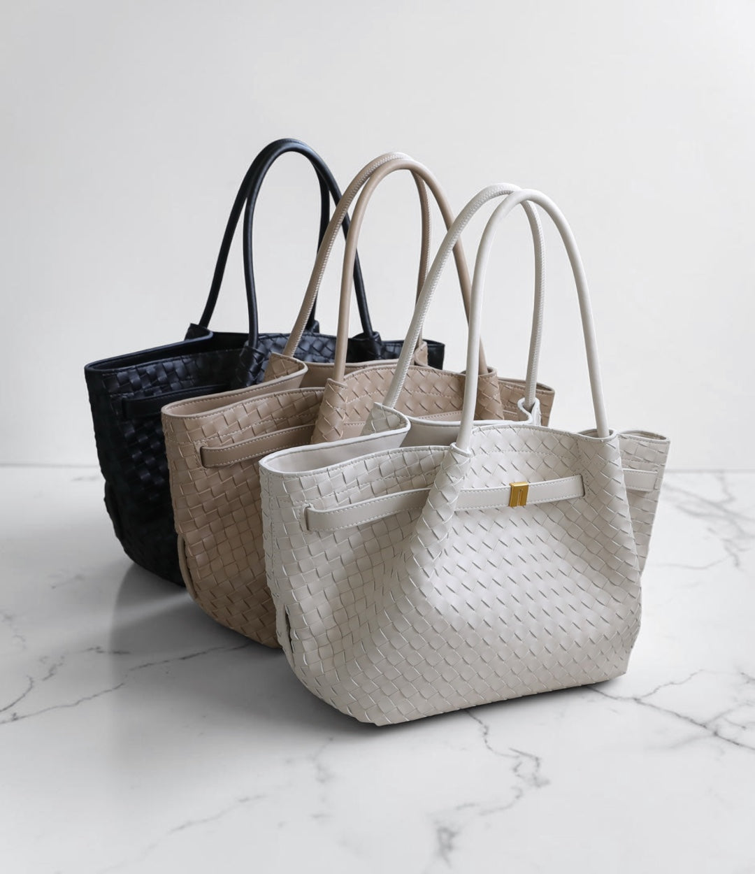 牛革編み込みFBバッグ BLACK / WHITE / BEIGE/ 上品に持てる2WAY本革トートバッグ