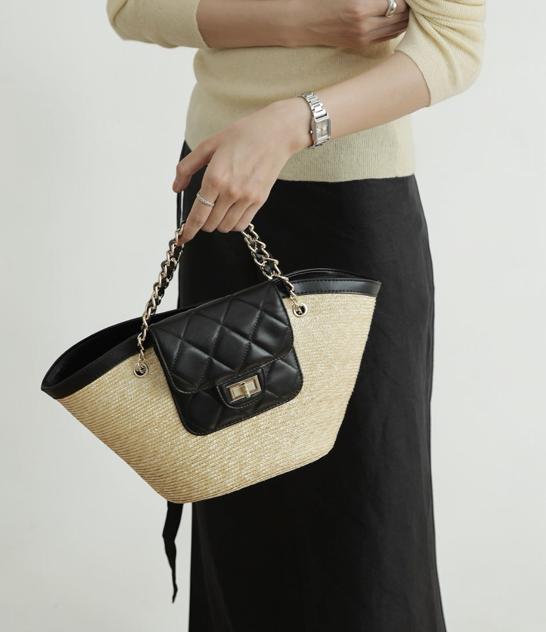 lv593 羊革HBチェーンカゴバッグ/ブラック/上質×きちんと見えする上品夏バッグ　ルビリア